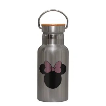mouse girl, Μεταλλικό παγούρι θερμός (Stainless steel) Ασημένιο με ξύλινο καπακι (bamboo), διπλού τοιχώματος, 350ml