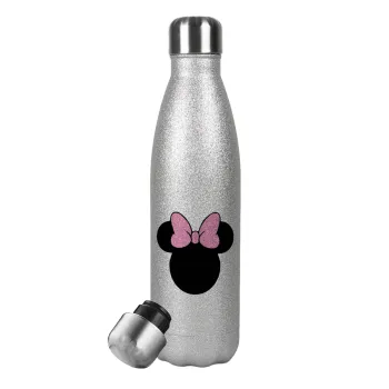 mouse girl, Μεταλλικό παγούρι θερμός Glitter Aσημένιο (Stainless steel), διπλού τοιχώματος, 500ml