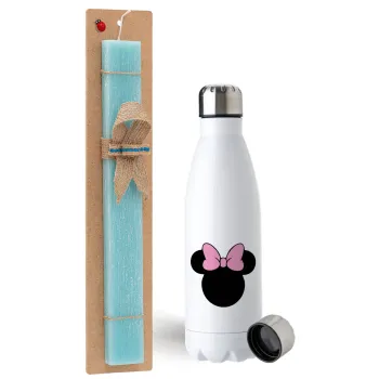 mouse girl, Easter Set, metallic stainless steel water bottle (750ml) & aromatic flat Easter candle (30cm) (TURQUOISE)
