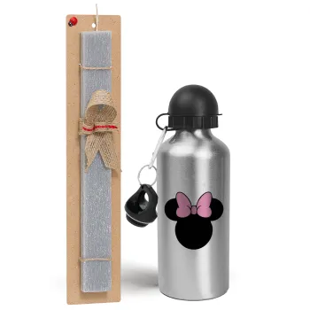 mouse girl, Easter Set, metallic silver aluminum water bottle (500ml) & aromatic flat Easter candle (30cm) (GRAY)