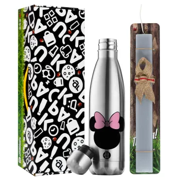 mouse girl, Easter Set, metallic stainless thermos flask (500ml) & scented flat Easter candle (30cm) (GRAY)