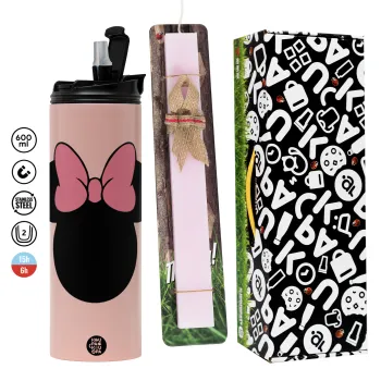 mouse girl, Πασχαλινή Λαμπάδα με  ΡΟΖ Travel Tumbler θερμό (600ml, BPA free) & κερί αρωματικό πλακέ (30cm) (ΡΟΖ)