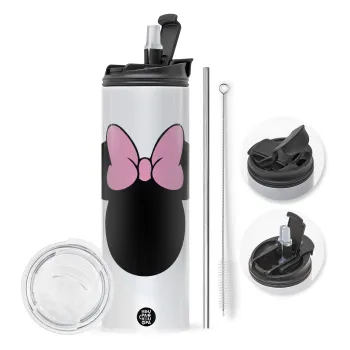 mouse girl, Travel Tumbler θερμό με διπλό καπάκι, μεταλλικό καλαμάκι και βούρτσα καθαρισμού (Ανωξείδωτο 304 Food grade, BPA free, 600ml)