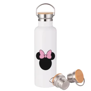 mouse girl, Stainless steel White with wooden lid (bamboo), double wall, 750ml