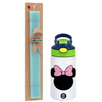 mouse girl, Easter Set, Children's thermal stainless steel bottle with safety straw, green/blue (350ml) & aromatic flat Easter candle (30cm) (TURQUOISE)