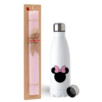 mouse girl, Easter Set, metallic stainless steel water bottle (750ml) & scented flat Easter candle (30cm) (PINK)