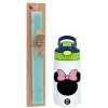 Easter Set, Children's thermal stainless steel bottle with safety straw, green/blue (350ml) & aromatic flat Easter candle (30cm) (TURQUOISE)