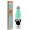 Easter Set, Metallic green/white thermos (Stainless steel), double-walled, 500ml & scented flat Easter candle (30cm) (TURQUOISE)