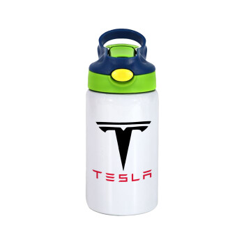 Tesla motors, Children's hot water bottle, stainless steel, with safety straw, green, blue (350ml)