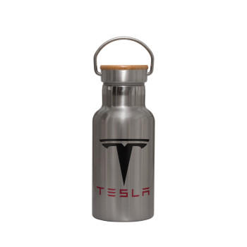 Tesla motors, Μεταλλικό παγούρι θερμός (Stainless steel) Ασημένιο με ξύλινο καπακι (bamboo), διπλού τοιχώματος, 350ml