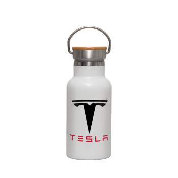 Tesla motors, Μεταλλικό παγούρι θερμός (Stainless steel) Λευκό με ξύλινο καπακι (bamboo), διπλού τοιχώματος, 350ml