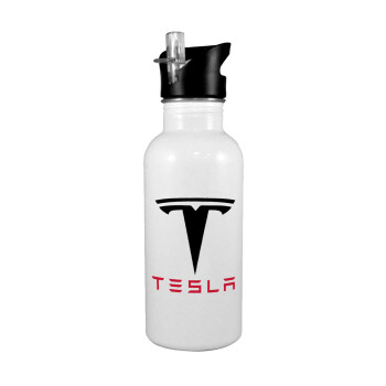 Tesla motors, White water bottle with straw, stainless steel 600ml