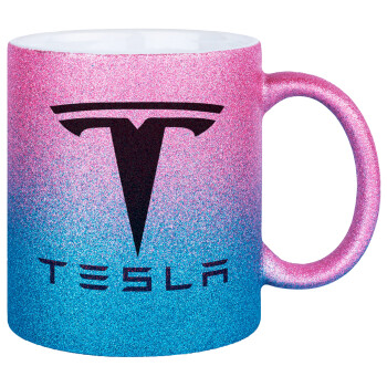 Tesla motors, Κούπα Χρυσή/Μπλε Glitter, κεραμική, 330ml