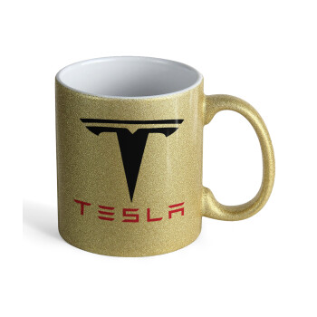 Tesla motors, Κούπα Χρυσή Glitter που γυαλίζει, κεραμική, 330ml