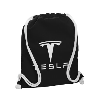 Tesla motors, Τσάντα πλάτης πουγκί GYMBAG Μαύρη, με τσέπη (40x48cm) & χονδρά λευκά κορδόνια