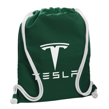 Tesla motors, Τσάντα πλάτης πουγκί GYMBAG BOTTLE GREEN, με τσέπη (40x48cm) & χονδρά λευκά κορδόνια