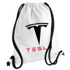 Tesla motors, Τσάντα πλάτης πουγκί GYMBAG λευκή, με τσέπη (40x48cm) & χονδρά κορδόνια