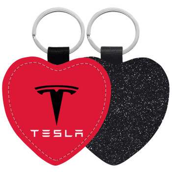 Tesla motors, Μπρελόκ PU δερμάτινο glitter καρδιά ΜΑΥΡΟ