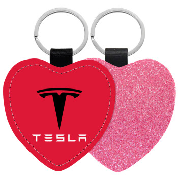 Tesla motors, Μπρελόκ PU δερμάτινο glitter καρδιά ΡΟΖ