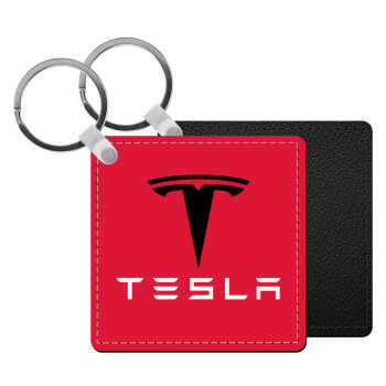Tesla motors, Μπρελόκ Δερματίνη, τετράγωνο ΜΑΥΡΟ (5x5cm)