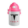 Tesla motors, Ροζ παιδικό παγούρι πλαστικό (BPA-FREE) με καπάκι ασφαλείας, κορδόνι και καλαμάκι, 400ml