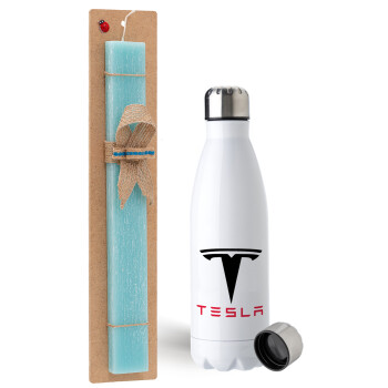 Tesla motors, Easter Set, metallic stainless steel water bottle (750ml) & aromatic flat Easter candle (30cm) (TURQUOISE)
