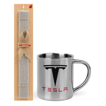 Tesla motors, Πασχαλινό Σετ, μεταλλική κούπα θερμό (300ml) & πασχαλινή λαμπάδα αρωματική πλακέ (30cm) (ΓΚΡΙ)