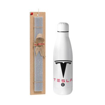 Tesla motors, Easter Set, metallic stainless thermos bottle (500ml) & scented flat Easter candle (30cm) (GRAY)