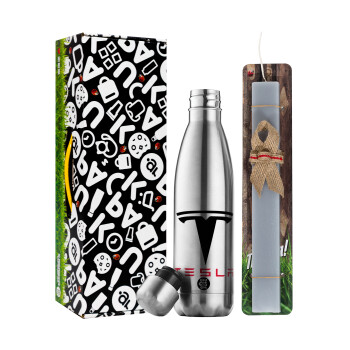 Tesla motors, Easter Set, metallic stainless thermos flask (500ml) & scented flat Easter candle (30cm) (GRAY)