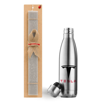Tesla motors, Πασχαλινό Σετ, μεταλλικό παγούρι θερμός ανοξείδωτο (500ml) & πασχαλινή λαμπάδα αρωματική πλακέ (30cm) (ΓΚΡΙ)