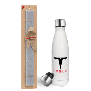 Tesla motors, Πασχαλινή λαμπάδα, μεταλλικό παγούρι θερμός λευκός (500ml) & λαμπάδα αρωματική πλακέ (30cm) (ΓΚΡΙ)