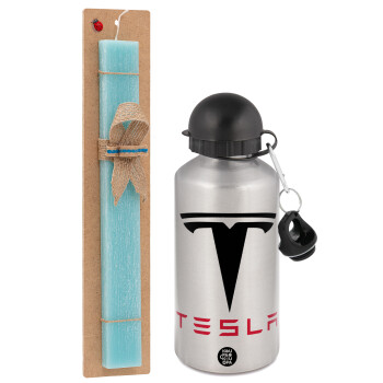 Tesla motors, Πασχαλινό Σετ, παγούρι μεταλλικό Ασημένιο αλουμινίου (500ml) & πασχαλινή λαμπάδα αρωματική πλακέ (30cm) (ΤΙΡΚΟΥΑΖ)