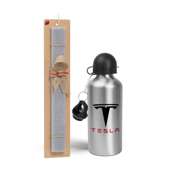 Tesla motors, Πασχαλινό Σετ, παγούρι μεταλλικό Ασημένιο αλουμινίου (500ml) & πασχαλινή λαμπάδα αρωματική πλακέ (30cm) (ΓΚΡΙ)