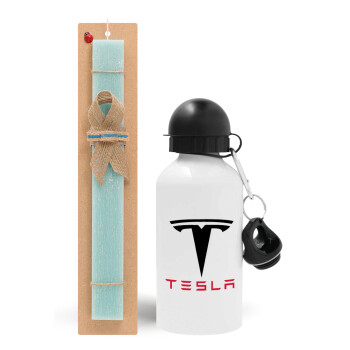 Tesla motors, Easter Set, metallic aluminum water bottle (500ml) & scented flat candle (30cm) (TURQUOISE)