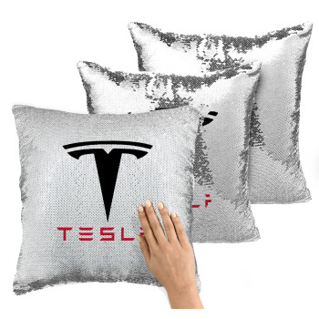 Tesla motors, Μαξιλάρι καναπέ Μαγικό Ασημένιο με πούλιες 40x40cm περιέχεται το γέμισμα