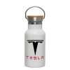 Metallic thermos (Stainless steel) White with wooden lid (bamboo), double-walled, 350ml