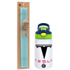 Easter Set, Children's thermal stainless steel bottle with safety straw, green/blue (350ml) & aromatic flat Easter candle (30cm) (TURQUOISE)