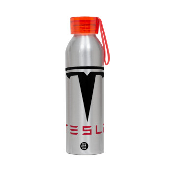 Tesla motors, Αλουμινένιο Αθλητικό Μπουκάλι 650ml – Ασημί με Κόκκινο Καπάκι και Λουράκι Σιλικόνης