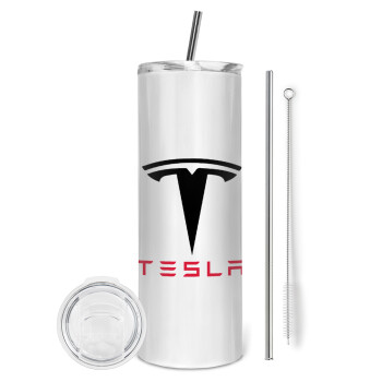 Tesla motors, Eco friendly ποτήρι θερμό (tumbler) από ανοξείδωτο ατσάλι 600ml, με μεταλλικό καλαμάκι & βούρτσα καθαρισμού