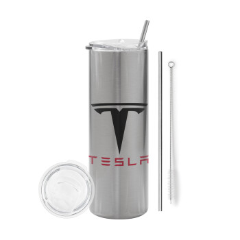 Tesla motors, Eco friendly ποτήρι θερμό Ασημένιο (tumbler) από ανοξείδωτο ατσάλι 600ml, με μεταλλικό καλαμάκι & βούρτσα καθαρισμού