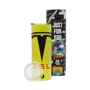 Tesla motors, Neon Yellow Travel Tumbler θερμό, μεταλλικό καλαμάκι(Ανωξείδωτο 304 Food grade, BPA free, 600ml)