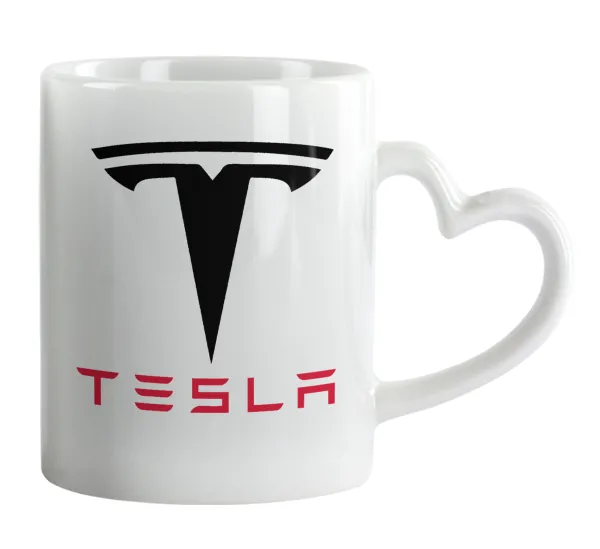 Tesla motors — Κούπα καρδιά χερούλι λευκή, κεραμική, 330ml