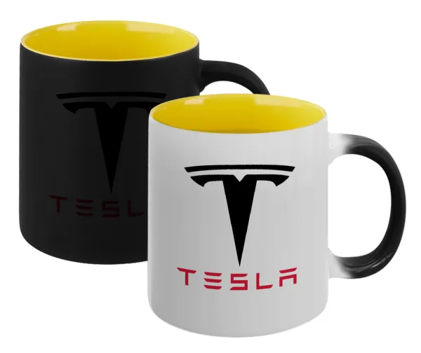 Tesla motors — Κούπα Μαγική εσωτερικό κίτρινη, κεραμική 330ml που αλλάζει χρώμα με το ζεστό ρόφημα