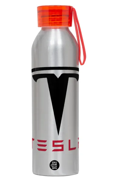 Tesla motors — Aluminum Sports Bottle 650ml – Silver with Red Cap and Silicone Strap