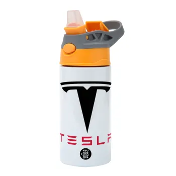 Tesla motors, Children's hot water bottle, stainless steel, with safety straw, Orange/Grey (360ml) BPA-FREE