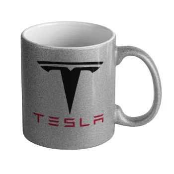 Tesla motors, Κούπα Ασημένια Glitter που γυαλίζει, κεραμική, 330ml