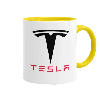Tesla motors, Κούπα χρωματιστή κίτρινη, κεραμική, 330ml