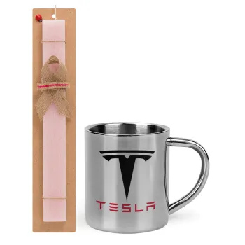 Tesla motors, Easter Set, metallic thermal cup (300ml) & aromatic flat Easter candle (30cm) (PINK)