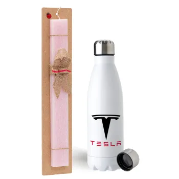 Tesla motors, Easter Set, metallic stainless steel water bottle (750ml) & scented flat Easter candle (30cm) (PINK)