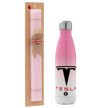 Tesla motors, Easter Set, Metallic pink/white (Stainless steel) thermos, double-walled, 500ml & aromatic flat Easter candle (30cm) (PINK)